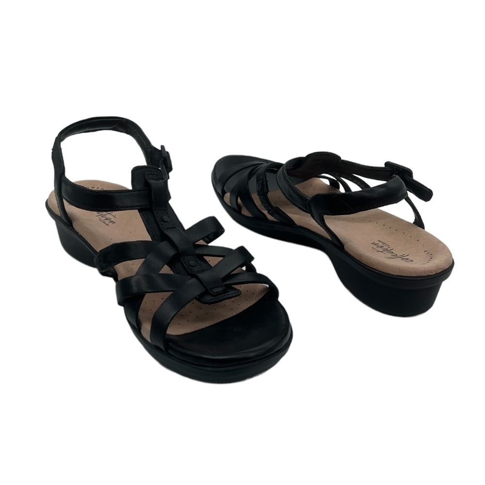 Clarks Black Loomis Katey Leather Wedge Strappy Sandals Size 7 1/2 Women's